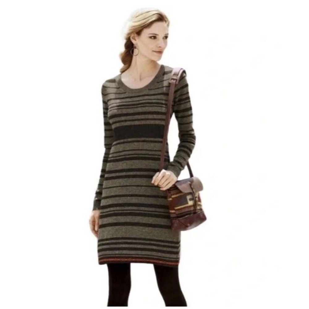 Peruvian Connection Sicuani Baby Alpaca Sweater Dress Women's Large Brown Stripe
